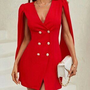 Red Preppy Womens Cloak Sleeve Double Breasted Placket Blazer Dress